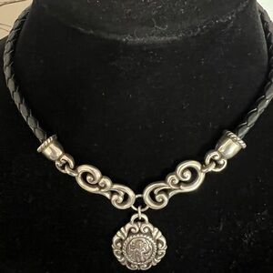 Brighton Silver Medallion Necklace on Black Braided Cord